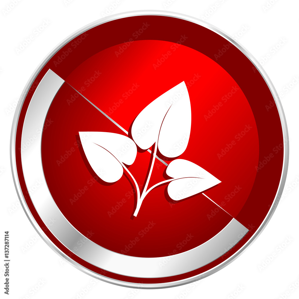 Poster leaf red web icon. metal shine silver chrome border round button isolated on white background. circl