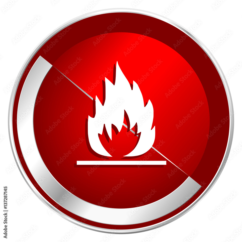 Aufkleber flame red web icon. metal shine silver chrome border round button isolated on white background. circ