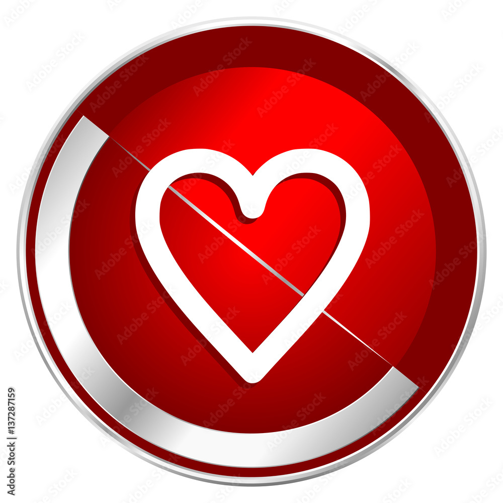 Poster Heart red web icon. Metal shine silver chrome border round button isolated on white background. Circle modern design abstract sign for smartphone applications.