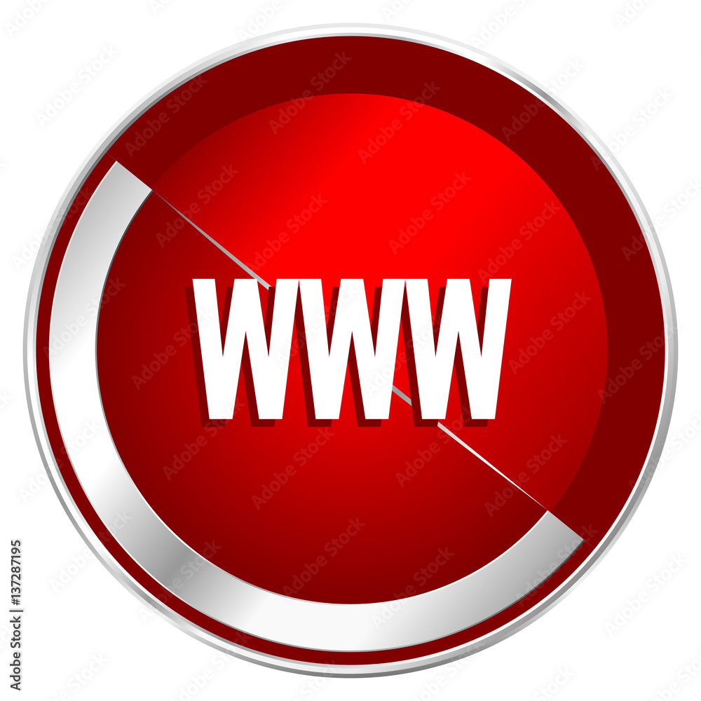 Poster www red web icon. metal shine silver chrome border round button isolated on white background. circle