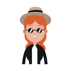 woman wearing hat and sunglasses cartoon icon over white background. colorful design. vector illustration