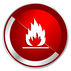 Flame red web icon. Metal shine silver chrome border round button isolated on white background. Circle modern design abstract sign for smartphone applications.