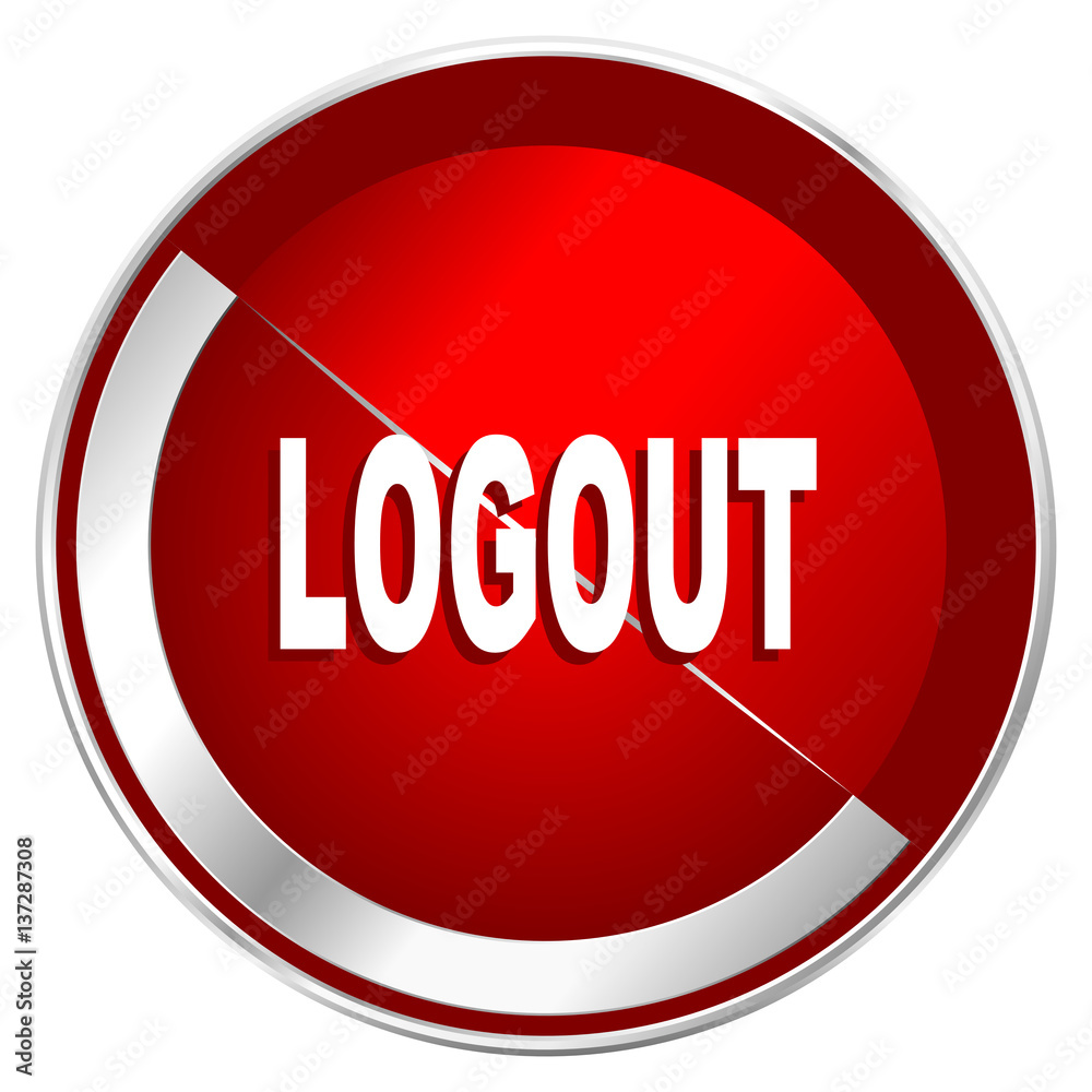 Poster logout red web icon. metal shine silver chrome border round button isolated on white background. cir
