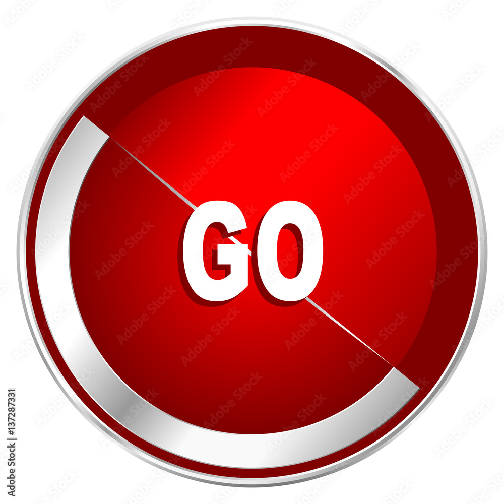 Poster go red web icon. metal shine silver chrome border round button isolated on white background. circle 