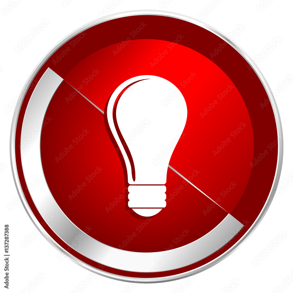 Poster Bulb red web icon. Metal shine silver chrome border round button isolated on white background. Circle modern design abstract sign for smartphone applications.