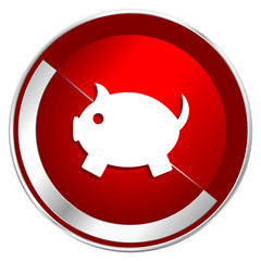 Piggy bank red web icon. Metal shine silver chrome border round button isolated on white background. Circle modern design abstract sign for smartphone applications.