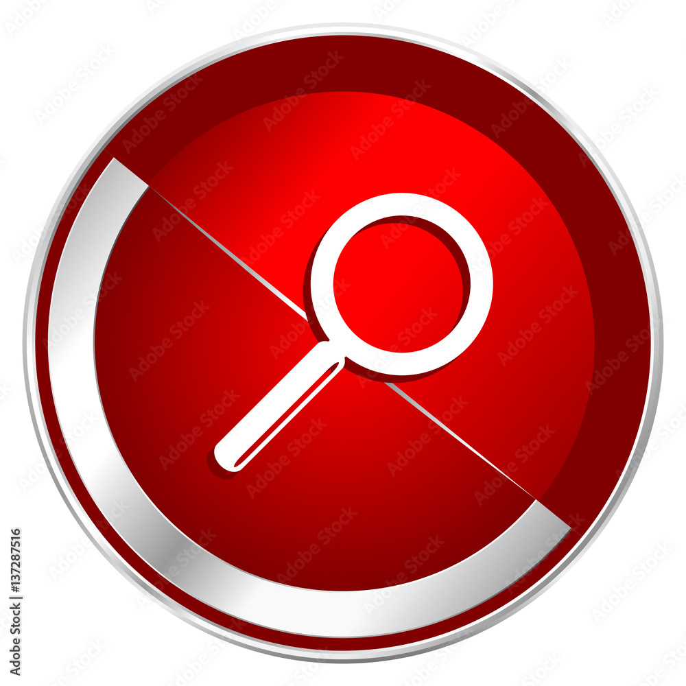 Aufkleber search red web icon. metal shine silver chrome border round button isolated on white background. cir