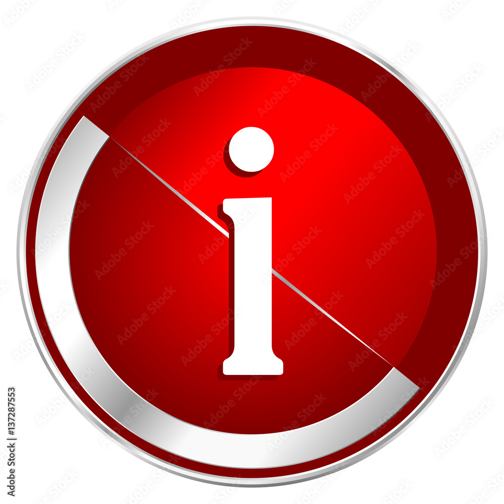 Poster information red web icon. metal shine silver chrome border round button isolated on white background