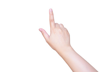 female hand touching or pointing to something isolated on white