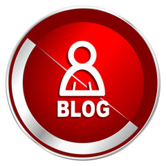 Blog red web icon. Metal shine silver chrome border round button isolated on white background. Circle modern design abstract sign for smartphone applications.