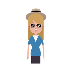 woman wearing hat and sunglasses cartoon icon over white background. colorful design. vector illustration