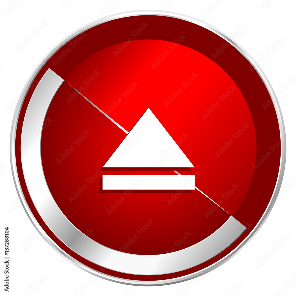 Aufkleber Eject red web icon. Metal shine silver chrome border round button isolated on white background. Circle modern design abstract sign for smartphone applications.