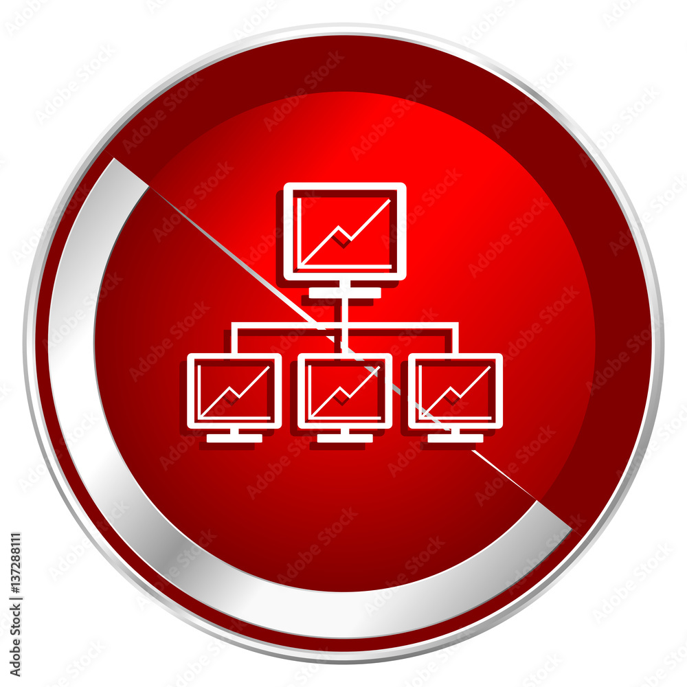 Poster network red web icon. metal shine silver chrome border round button isolated on white background. ci