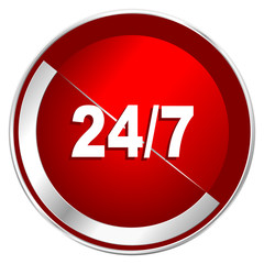 24/7 red web icon. Metal shine silver chrome border round button isolated on white background. Circle modern design abstract sign for smartphone applications.
