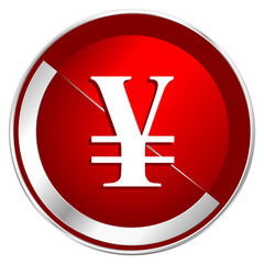 Yen red web icon. Metal shine silver chrome border round button isolated on white background. Circle modern design abstract sign for smartphone applications.