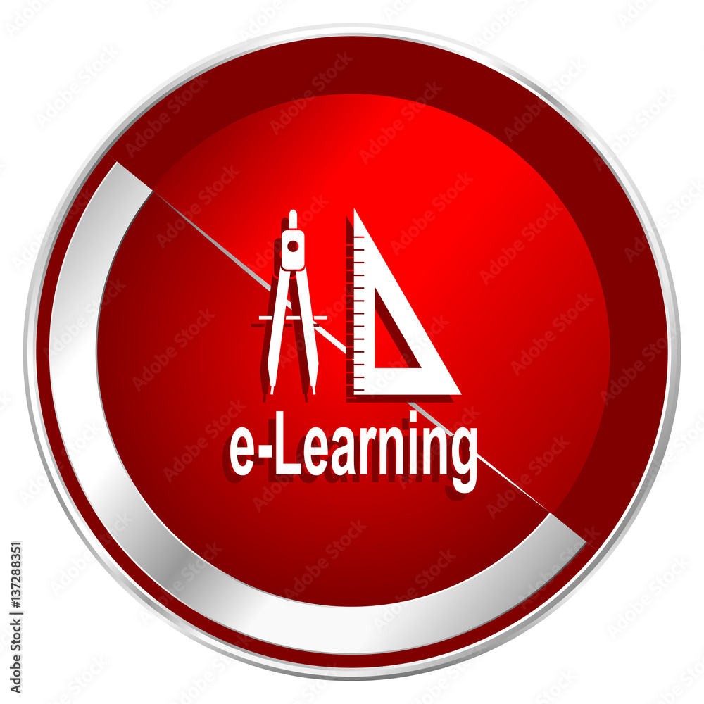 Aufkleber Learning red web icon. Metal shine silver chrome border round button isolated on white background. Circle modern design abstract sign for smartphone applications.