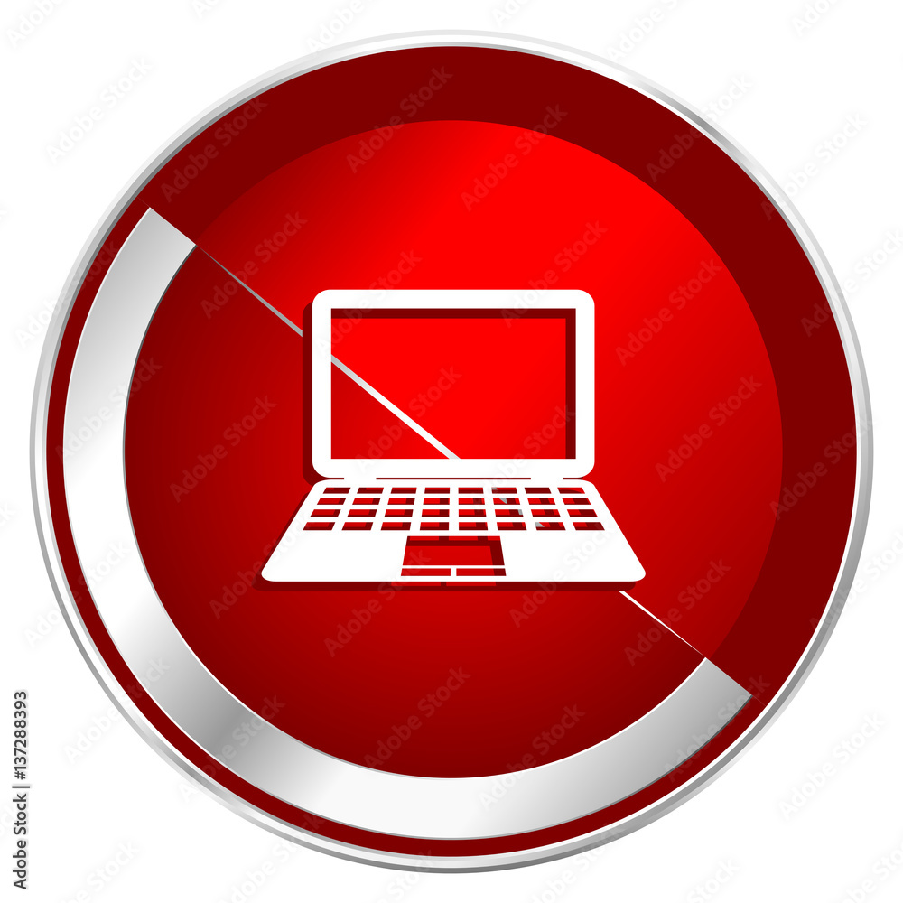 Poster Computer red web icon. Metal shine silver chrome border round button isolated on white background. Circle modern design abstract sign for smartphone applications.
