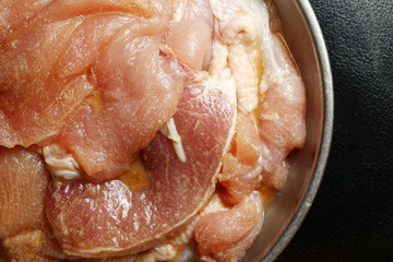 The raw marinated chicken meat in the stainless steel bowl represent the food and ingredient background concept related idea.