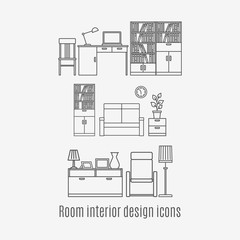 Line art room interior icons set. Vector illustration on white background