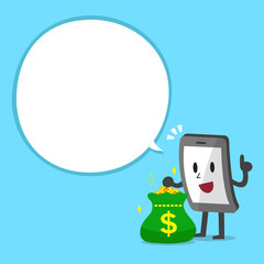 Cartoon smartphone character and money bag with white speech bubble