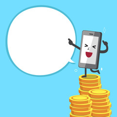 Smartphone character and money stacks with white speech bubble