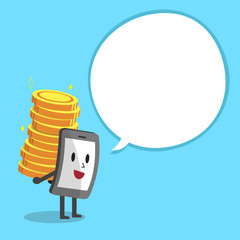 Smartphone character carrying big money stack with white speech bubble