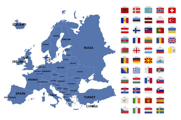 europe map and flags - obrazy, fototapety, plakaty