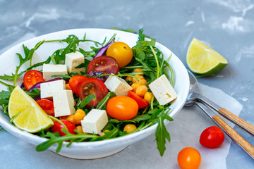 Healthy homemade chickpea and veggies salad, diet, vegan food, vitamin snack.