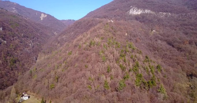 Drone aerial view of the mountains around Albino (Bergamo) in winter season. Landscape to Rena and Cornagiera mountain 