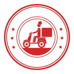 monochrome circular frame with delivery man in scooter vector illustration