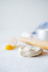 Cooking stages. Preparing dough for pies ingredients on table.