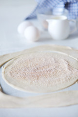 Cooking stages. Preparing dough for pies ingredients on table.