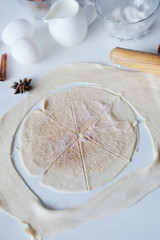 Cooking stages. Preparing dough for pies ingredients on table.