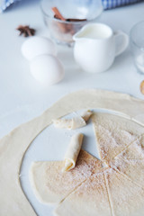 Cooking stages. Preparing dough for pies ingredients on table.