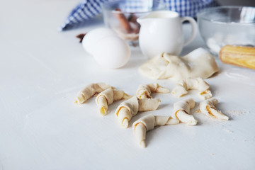 Cooking stages. Preparing dough for pies ingredients on table.