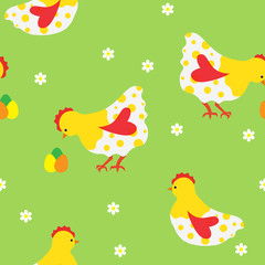 Seamless pattern with white chickens, flowers and colored eggs.