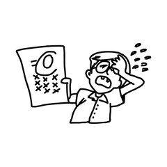 boy with glasses showing his failed exam - illustration vector doodle hand drawn, isolated on white background