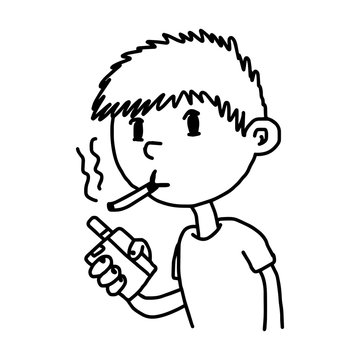 little boy smoking cigarette- illustration vector doodle hand drawn, isolated on white background