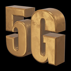 Gold 5G icon on black background. 3D render letters