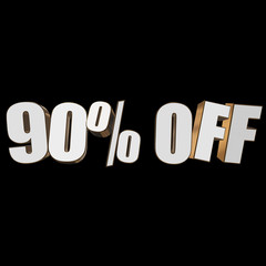 90 percent off letters on black background. 3d render isolated.