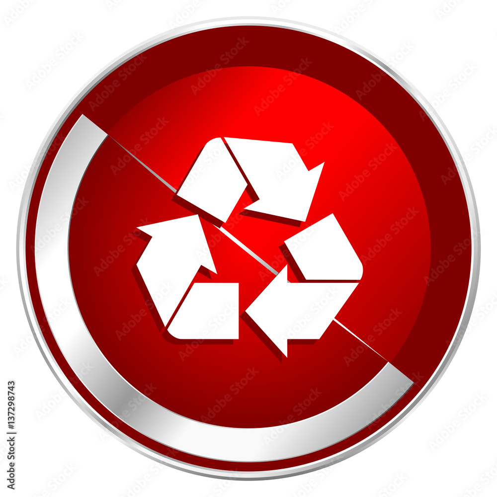 Poster recycle red web icon. metal shine silver chrome border round button isolated on white background. ci