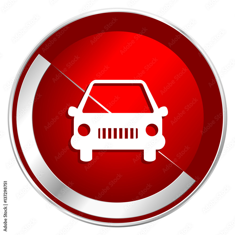 Poster car red web icon. metal shine silver chrome border round button isolated on white background. circle