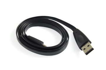 micro usb cable.Coiled black USB cable isolated over white background.