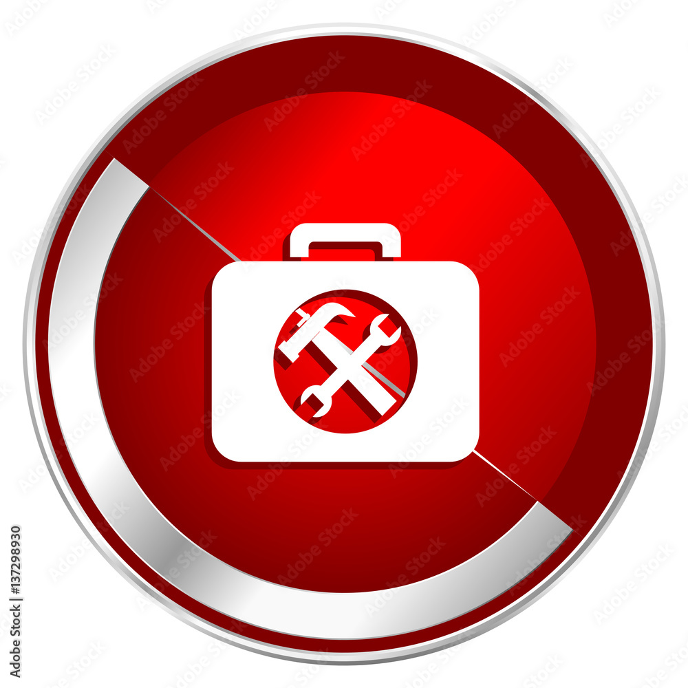 Aufkleber Toolkit red web icon. Metal shine silver chrome border round button isolated on white background. Circle modern design abstract sign for smartphone applications.