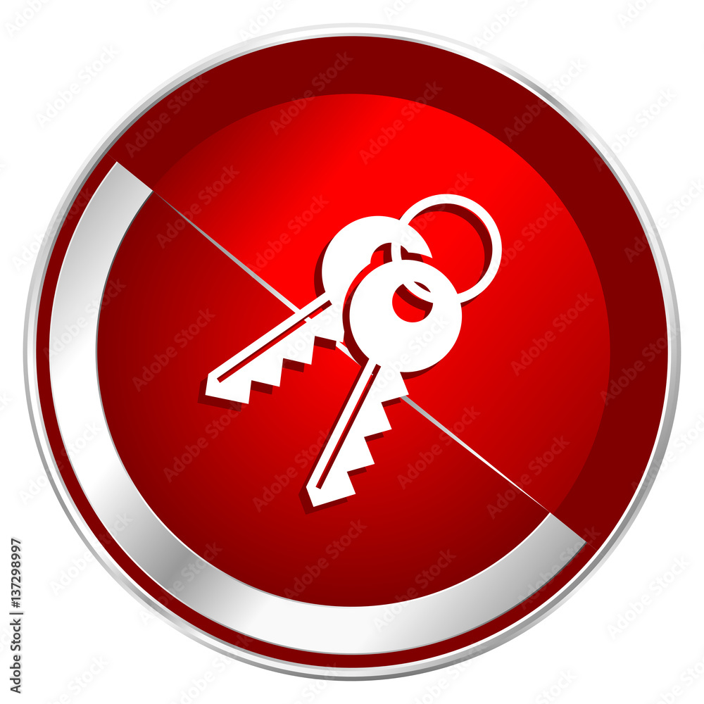 Poster keys red web icon. metal shine silver chrome border round button isolated on white background. circl