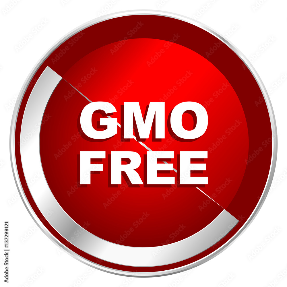 Aufkleber gmo free red web icon. metal shine silver chrome border round button isolated on white background. c