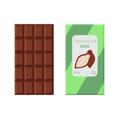 Chocolate bar. Cacao label package. Sweet milky product. Flat style.