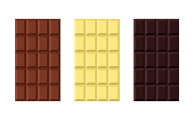 Set of white, milky, black chocolate in flat vector style. Sweet organic cacao food.