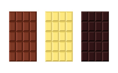 Set of white, milky, black chocolate in flat vector style. Sweet organic cacao food.