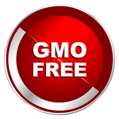 Gmo free red web icon. Metal shine silver chrome border round button isolated on white background. Circle modern design abstract sign for smartphone applications.